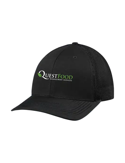 Richardson Adjustable Snapback Original 112 Trucker Cap Black w/Black Mesh w/Quest Food Logo