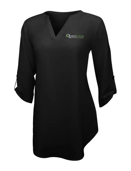 Womens Black 3/4 Sleeve Tunic Blouse w/Quest Food Logo