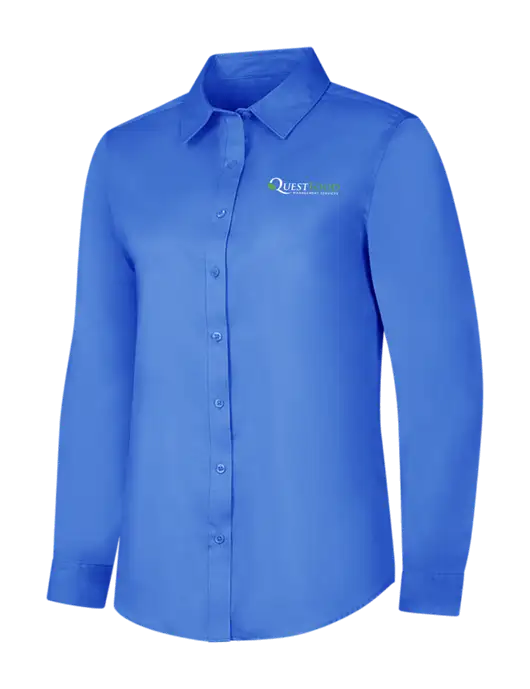 Dark Carolina Blue Womens Long Sleeve Superpro React Twill Shirt w/Quest Food Logo