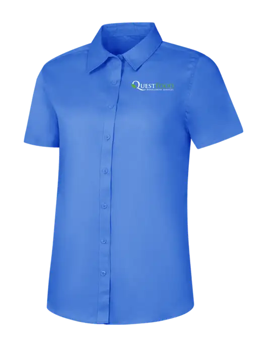 Womens Dark Carolina Blue Short Sleeve Superpro React Twill Shirt w/Quest Food Logo