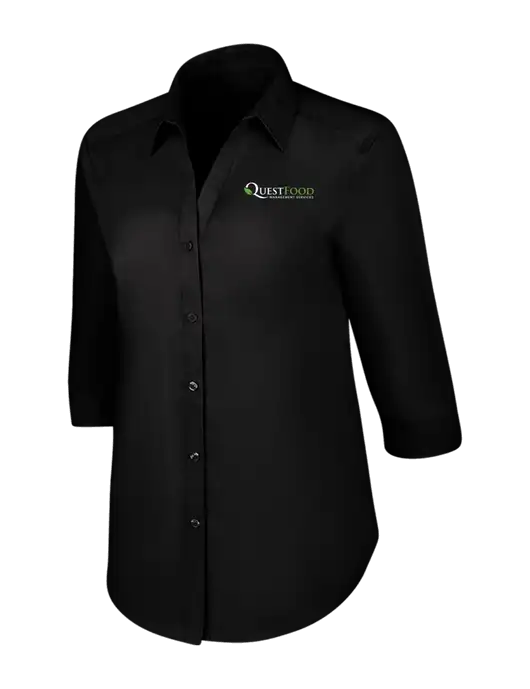 Womens Black 3/4 Sleeve Carefree Poplin Shirt w/Quest Food Logo