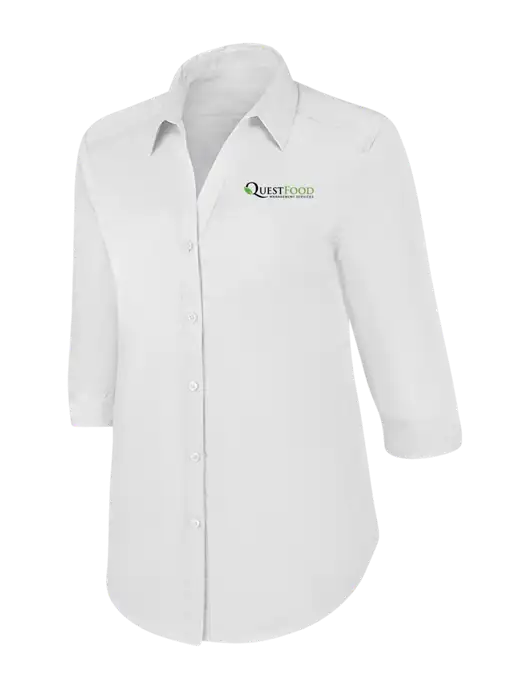 Womens White 3/4 Sleeve Carefree Poplin Shirt w/Quest Food Logo