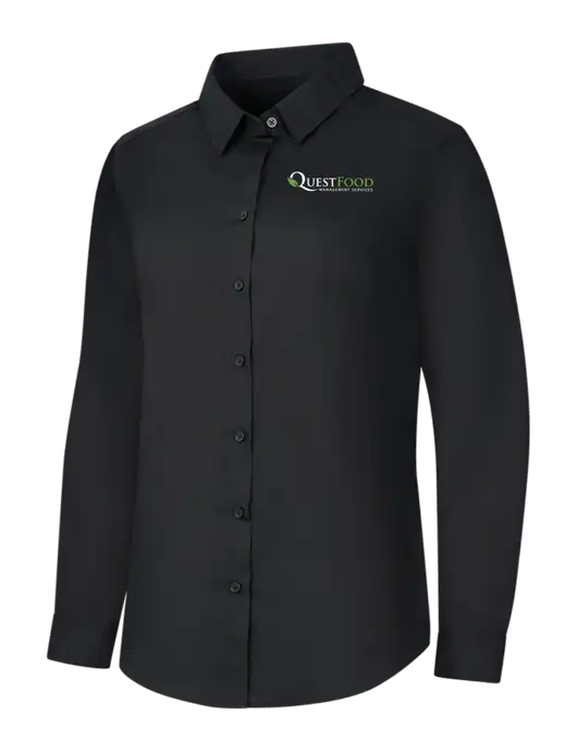 Womens Black Long Sleeve Carefree Poplin Shirt w/Quest Food Logo
