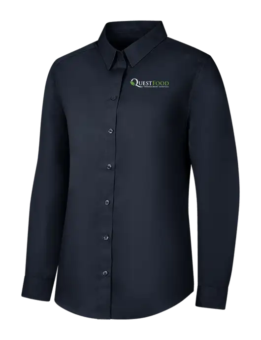 Womens River Blue Navy Long Sleeve Carefree Poplin Shirt w/Quest Food Logo