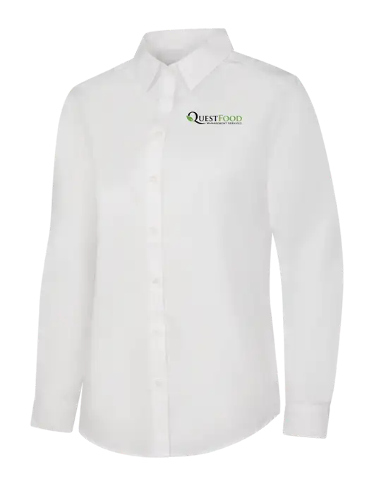 Womens White Long Sleeve Carefree Poplin Shirt w/Quest Food Logo