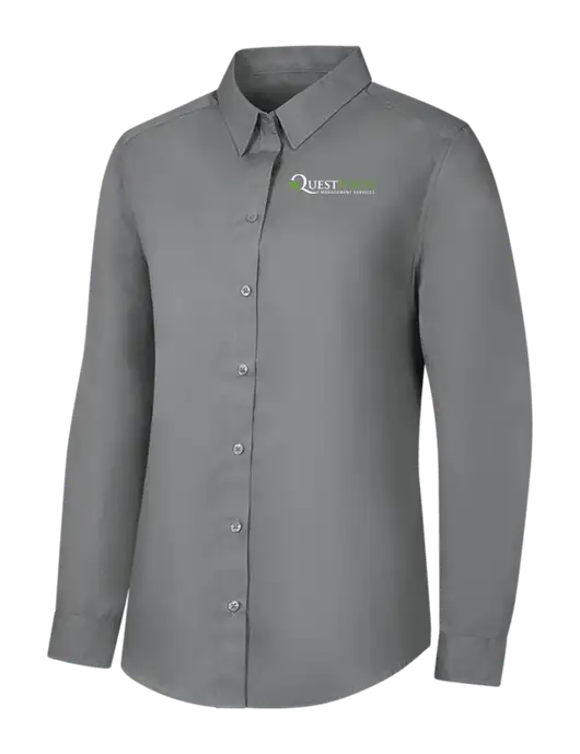 Womens Medium Grey Long Sleeve Carefree Poplin Shirt w/Quest Food Logo