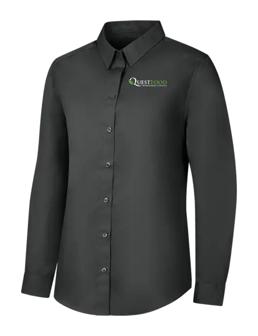 Womens Dark Grey Long Sleeve Carefree Poplin Shirt w/Quest Food Logo