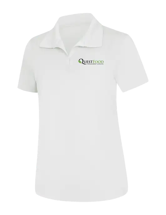 Womens White Micropique Sport-Wick Polo w/Quest Food Logo