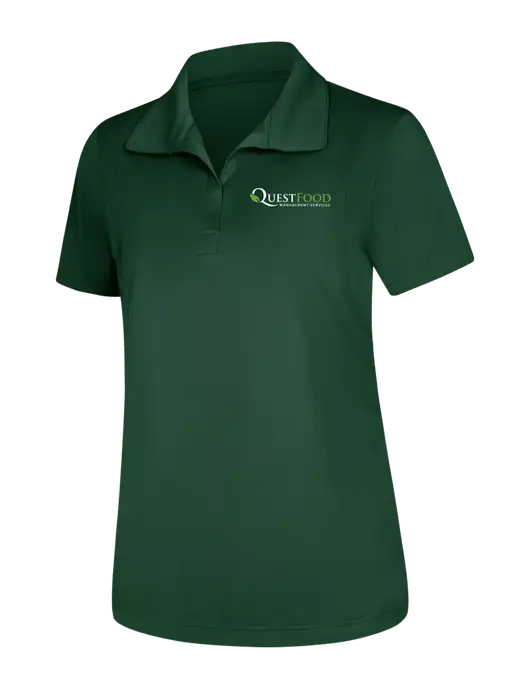 Womens Dark Green Micropique Sport-Wick Polo w/Quest Food Logo