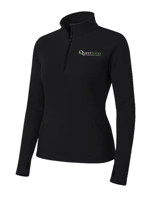 Womens Black Sport Wick Stretch 1/4 Zip Pullover w/Quest Food Logo