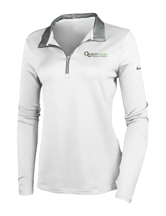 NIKE White/Dark Grey Womens Dry-Fit Stretch 1/2 Zip Cover-Up w/Quest Food Logo