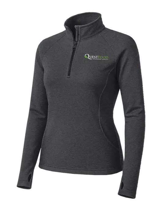 Dark Grey Heather Womens Sport Wick Stretch 1/4 Zip Pullover w/Quest Food Logo