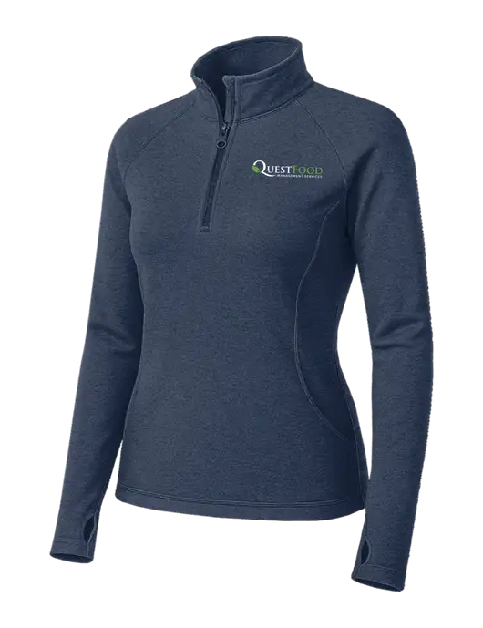 Navy Heather Womens Sport Wick Stretch 1/4 Zip Pullover w/Quest Food Logo