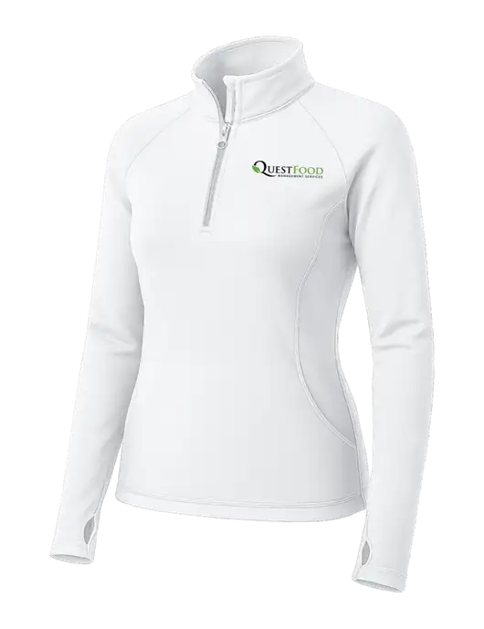 White Womens Sport Wick Stretch 1/4 Zip Pullover w/Quest Food Logo