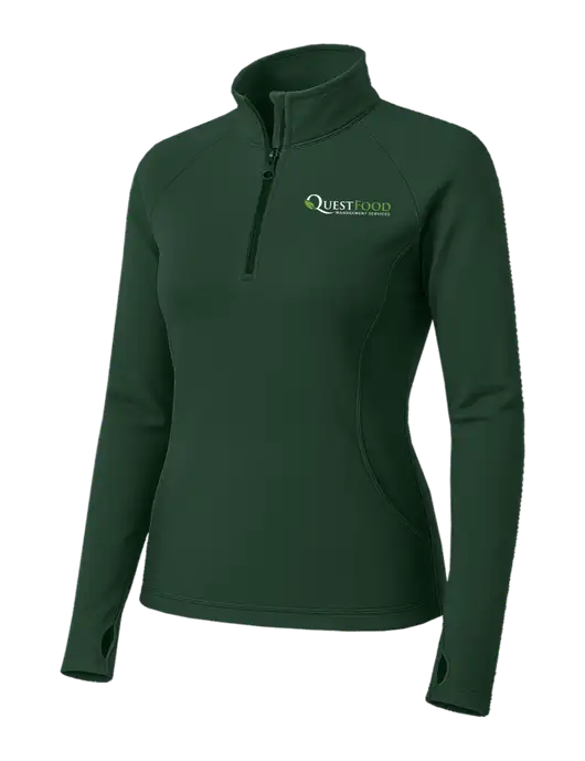 Dark Green Womens Sport Wick Stretch 1/4 Zip Pullover w/Quest Food Logo