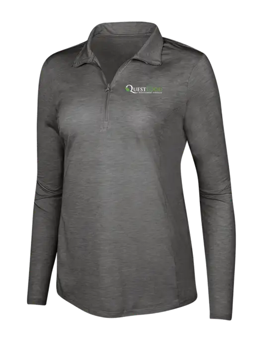 Dark Grey Heather Womens Posicharge Tri-Blend Wicking 1/4 Zip Pullover w/Quest Food Logo