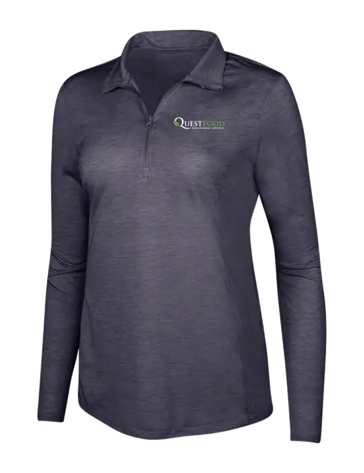 True Navy Heather Womens Posicharge Tri-Blend Wicking 1/4 Zip Pullover w/Quest Food Logo
