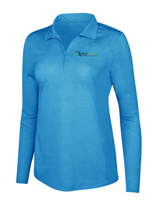 Light Blue Heather Womens Posicharge Tri-Blend Wicking 1/4 Zip Pullover w/Quest Food Logo