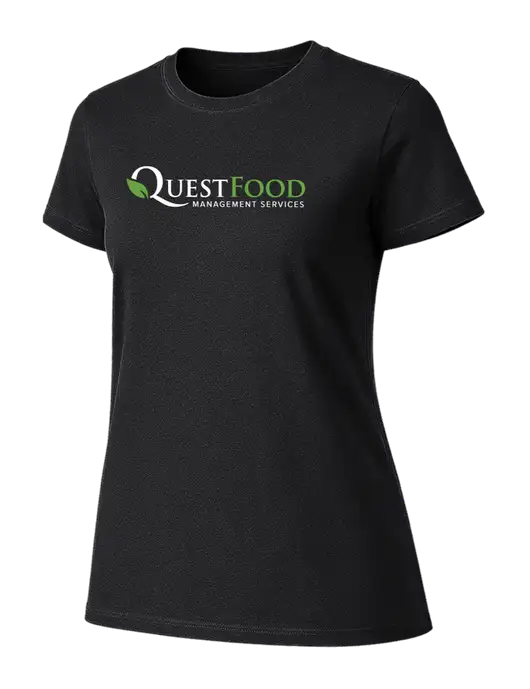 Womens Ring Spun Jet Black 4.5 oz T-Shirt w/Quest Food Logo