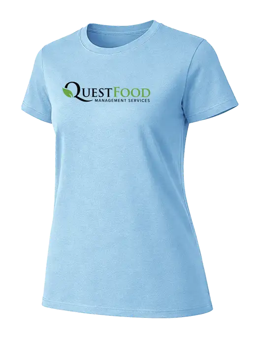 Womens Ring Spun Light Blue 4.5 oz T-Shirt w/Quest Food Logo