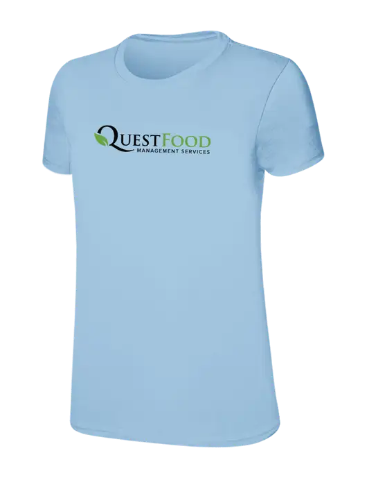 Womens Ring Spun Light Blue 4.5 oz T-Shirt w/Quest Food Logo