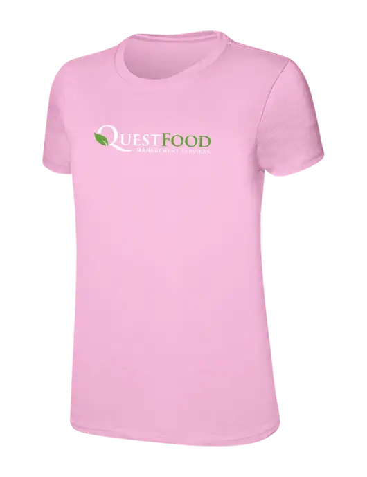 Womens Ring Spun Candy Pink 4.5 oz T-Shirt w/Quest Food Logo