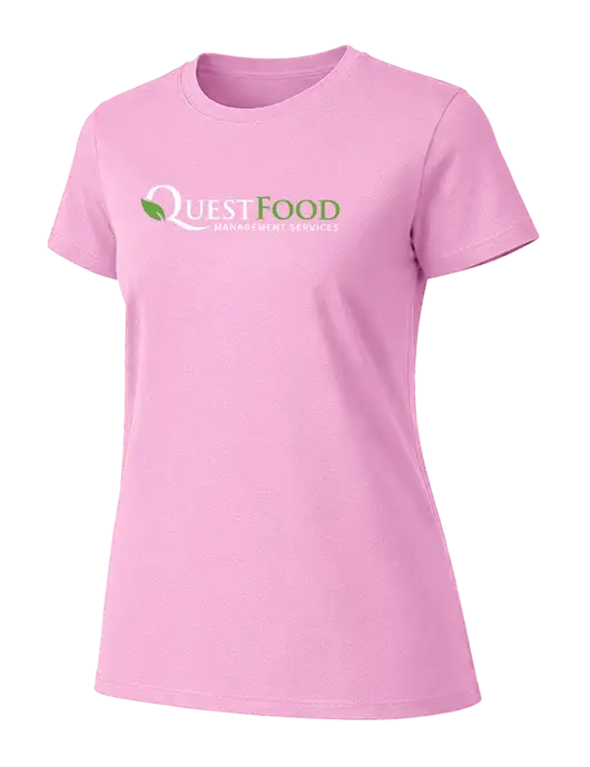 Womens Ring Spun Candy Pink 4.5 oz T-Shirt w/Quest Food Logo