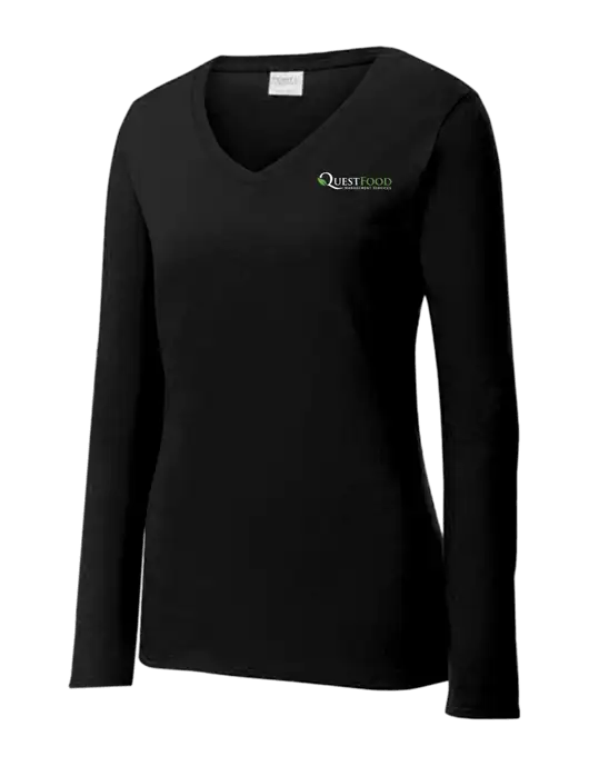 Womens V-Neck Ring Spun Jet Black 4.5 oz Long Sleeve T-Shirt w/Quest Food Logo