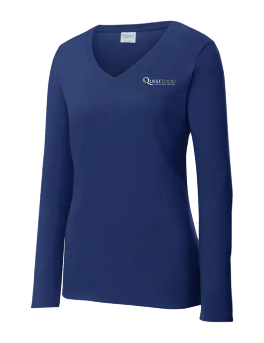 Womens  V-Neck Ring Spun Navy 4.5 oz Long Sleeve T-Shirt w/Quest Food Logo