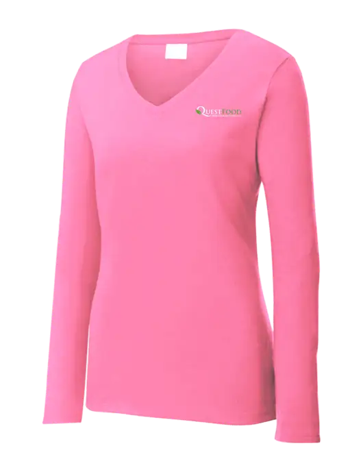 Womens  V-Neck Ring Spun Pink 4.5 oz Long Sleeve T-Shirt w/Quest Food Logo