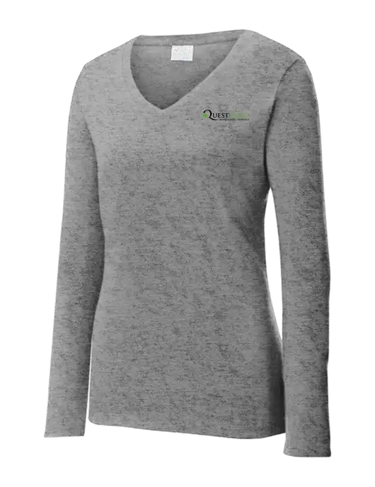 Womens  V-Neck Ring Spun Grey Heather 4.5 oz Long Sleeve T-Shirt w/Quest Food Logo