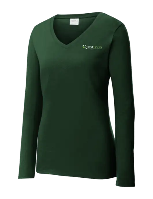Womens  V-Neck Ring Spun Forest Green 4.5 oz Long Sleeve T-Shirt w/Quest Food Logo