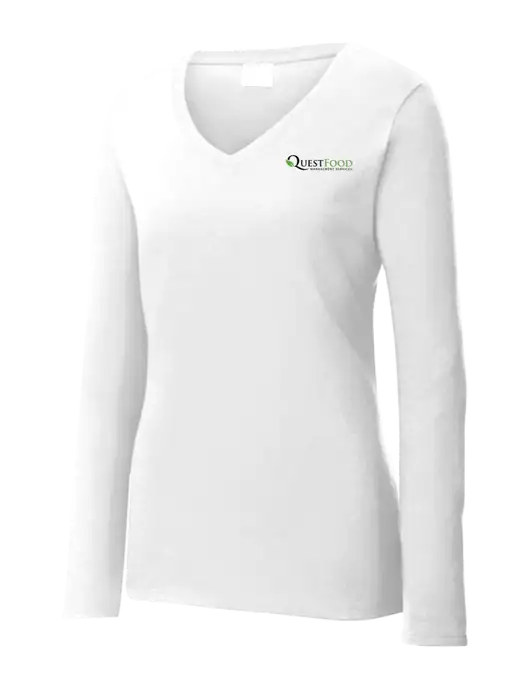 Womens  V-Neck Ring Spun White 4.5 oz Long Sleeve T-Shirt w/Quest Food Logo