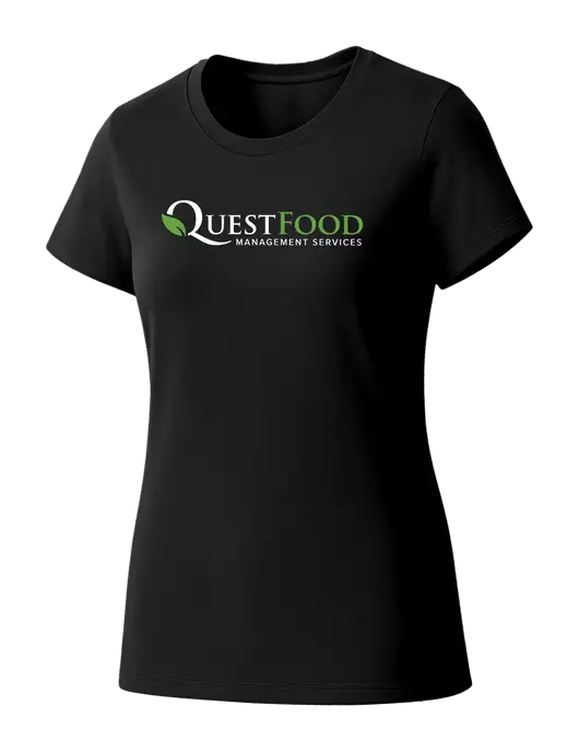 Womens Seriously Soft Black T-Shirt w/Quest Food Logo