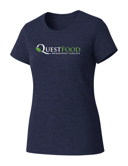Womens Seriously Soft Heathered Navy T-Shirt w/Quest Food Logo
