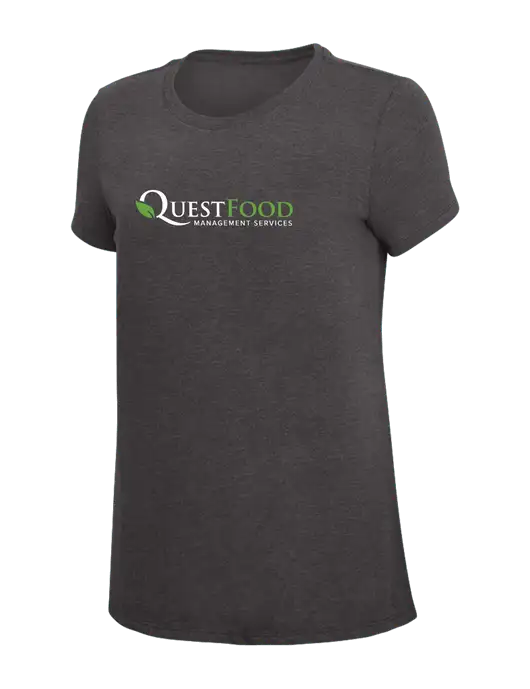 Womens Simply Soft Heather Charcoal 4.5oz  Poly/Combed Ring Spun Cotton T-Shirt w/Quest Food Logo