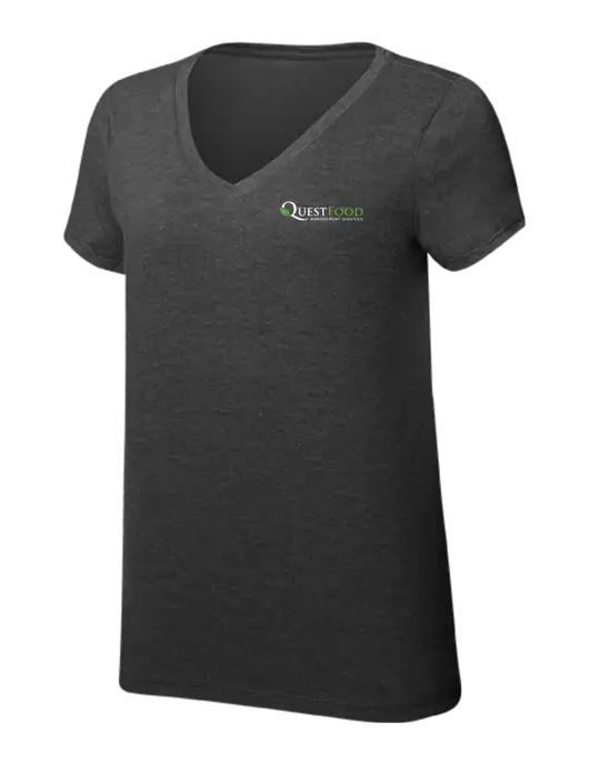 Womens Simply Soft V-Neck Black Frost 4.5oz  Poly/Combed Ring Spun Cotton T-Shirt w/Quest Food Logo