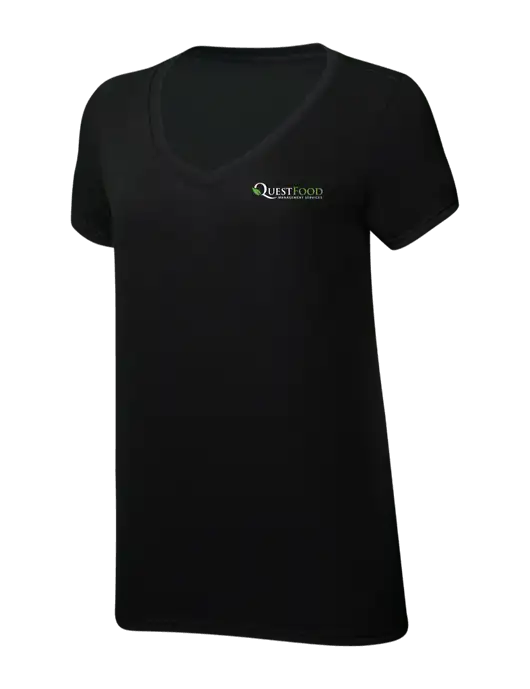 Womens Simply Soft V-Neck Black 4.5oz  Poly/Combed Ring Spun Cotton T-Shirt w/Quest Food Logo