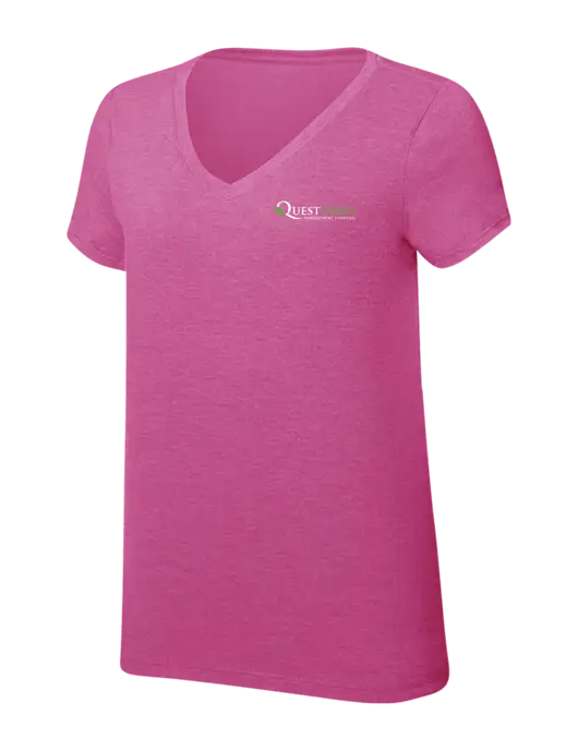 Womens Simply Soft V-Neck Fuschia Frost 4.5oz  Poly/Combed Ring Spun Cotton T-Shirt w/Quest Food Logo