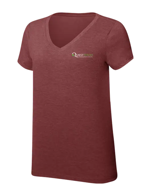 Womens Simply Soft V-Neck Maroon Frost 4.5oz  Poly/Combed Ring Spun Cotton T-Shirt w/Quest Food Logo