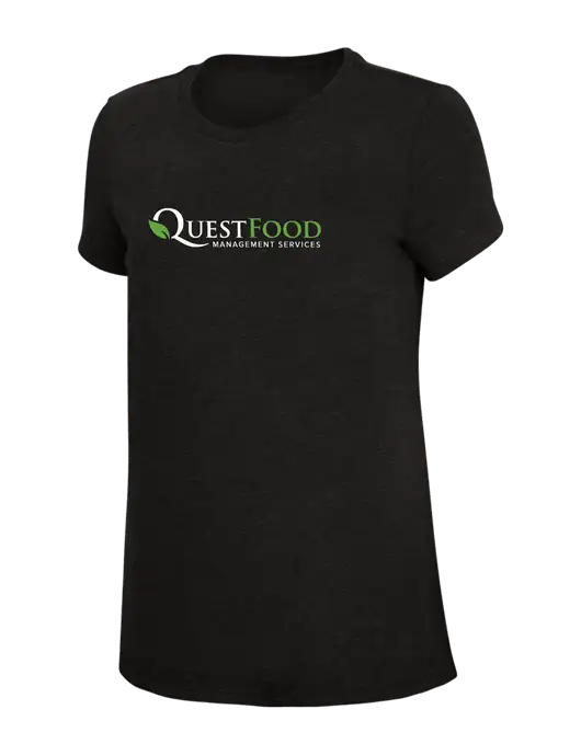 Womens Simply Soft Black 4.5oz Poly/Combed Ring Spun Cotton T-Shirt w/Quest Food Logo