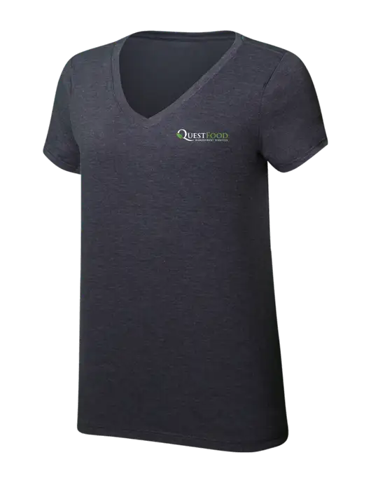 Womens Simply Soft V-Neck Heather Charcoal 4.5oz  Poly/Combed Ring Spun Cotton T-Shirt w/Quest Food Logo