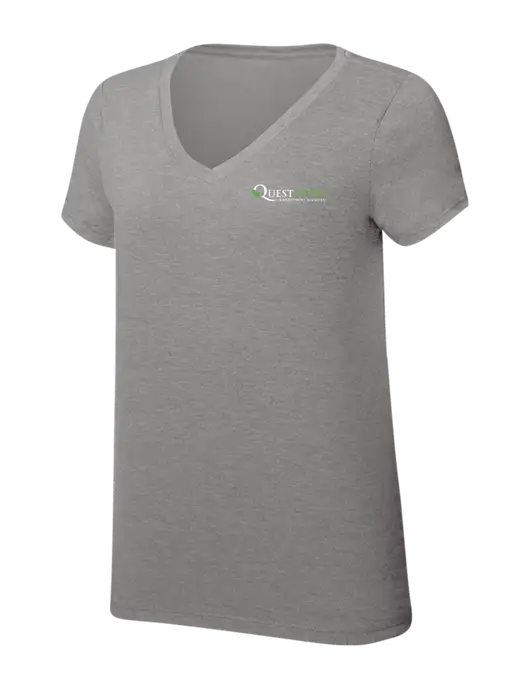 Womens Simply Soft V-Neck Grey Frost 4.5oz  Poly/Combed Ring Spun Cotton T-Shirt w/Quest Food Logo