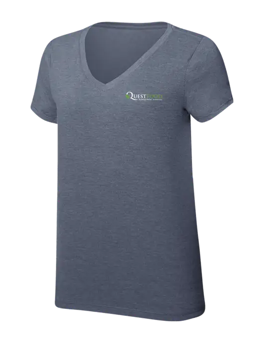 Womens Simply Soft V-Neck Navy Frost 4.5oz  Poly/Combed Ring Spun Cotton T-Shirt w/Quest Food Logo