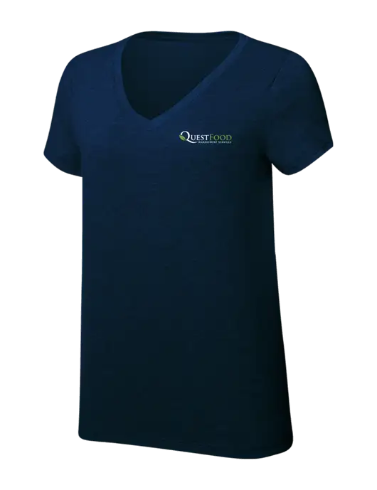 Womens Simply Soft V-Neck New Navy 4.5oz  Poly/Combed Ring Spun Cotton T-Shirt w/Quest Food Logo