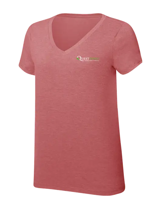 Womens Simply Soft V-Neck Blush Frost 4.5oz  Poly/Combed Ring Spun Cotton T-Shirt w/Quest Food Logo