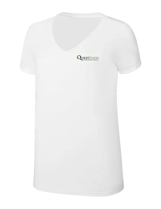 Womens Simply Soft V-Neck White 4.5oz  Poly/Combed Ring Spun Cotton T-Shirt w/Quest Food Logo