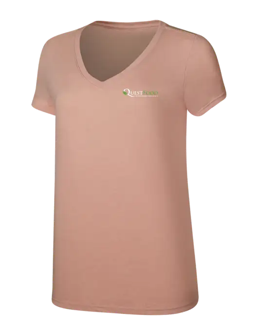 Womens Simply Soft V-Neck Heather Dusty Peach 4.5oz  Poly/Combed Ring Spun Cotton T-Shirt w/Quest Food Logo