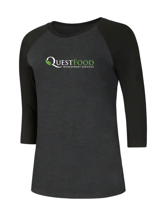 Womens Simply Soft 3/4 Sleeve Black/Black Frost Ring Spun Cotton T-Shirt w/Quest Food Logo