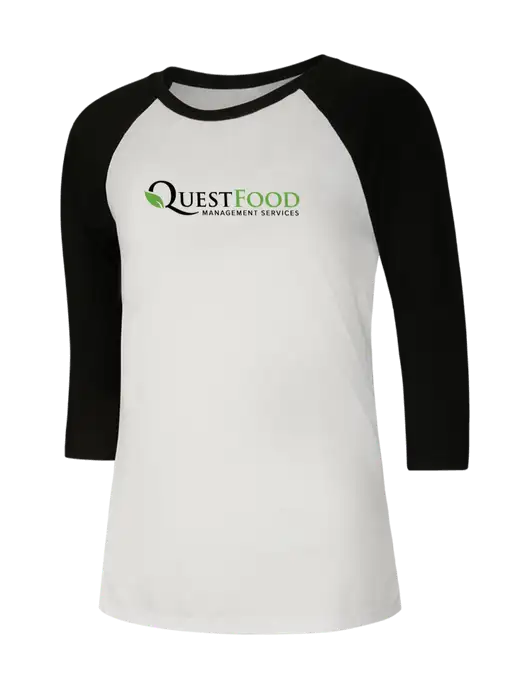 Womens Simply Soft 3/4 Sleeve Black/White Ring Spun Cotton T-Shirt w/Quest Food Logo